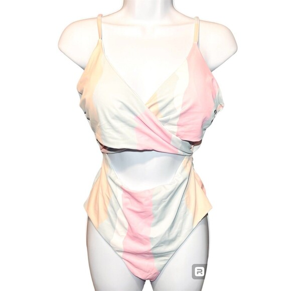 Women’s One Piece Cut-Out Wrap Tie Back Swimsuit - Pastel -  L - Picture 1 of 4